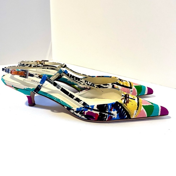 Prada Canvas Printed Slingback Kitten Heel Pumps - Picture 5 of 8